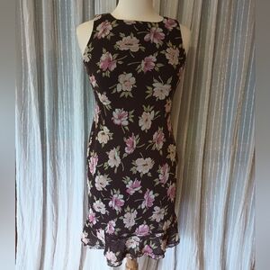 Ann Taylor Loft Sleeveless Fall Floral Print Sheath Dress Brown Pink 2P Petite